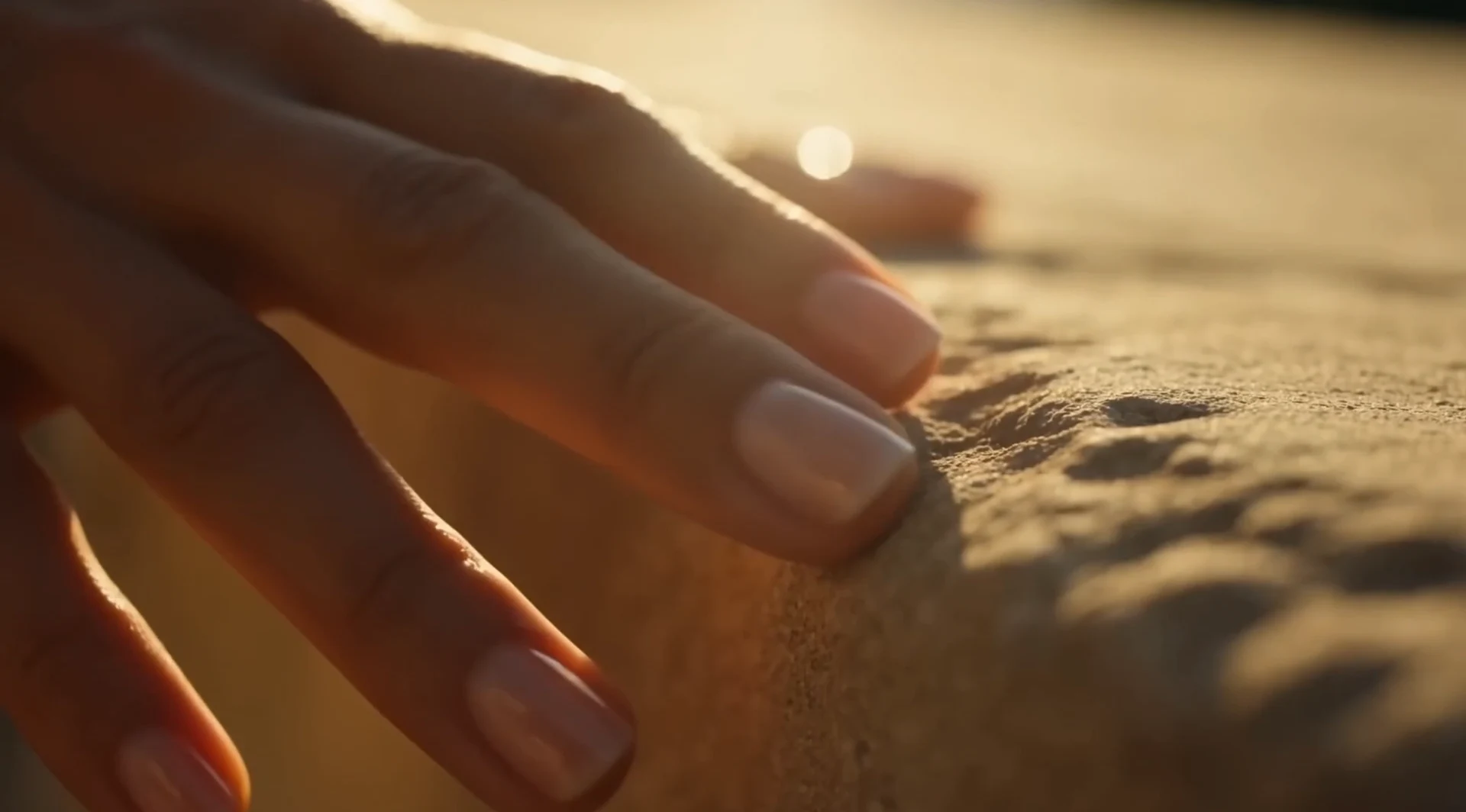 Fingertips moving through sunlit sand