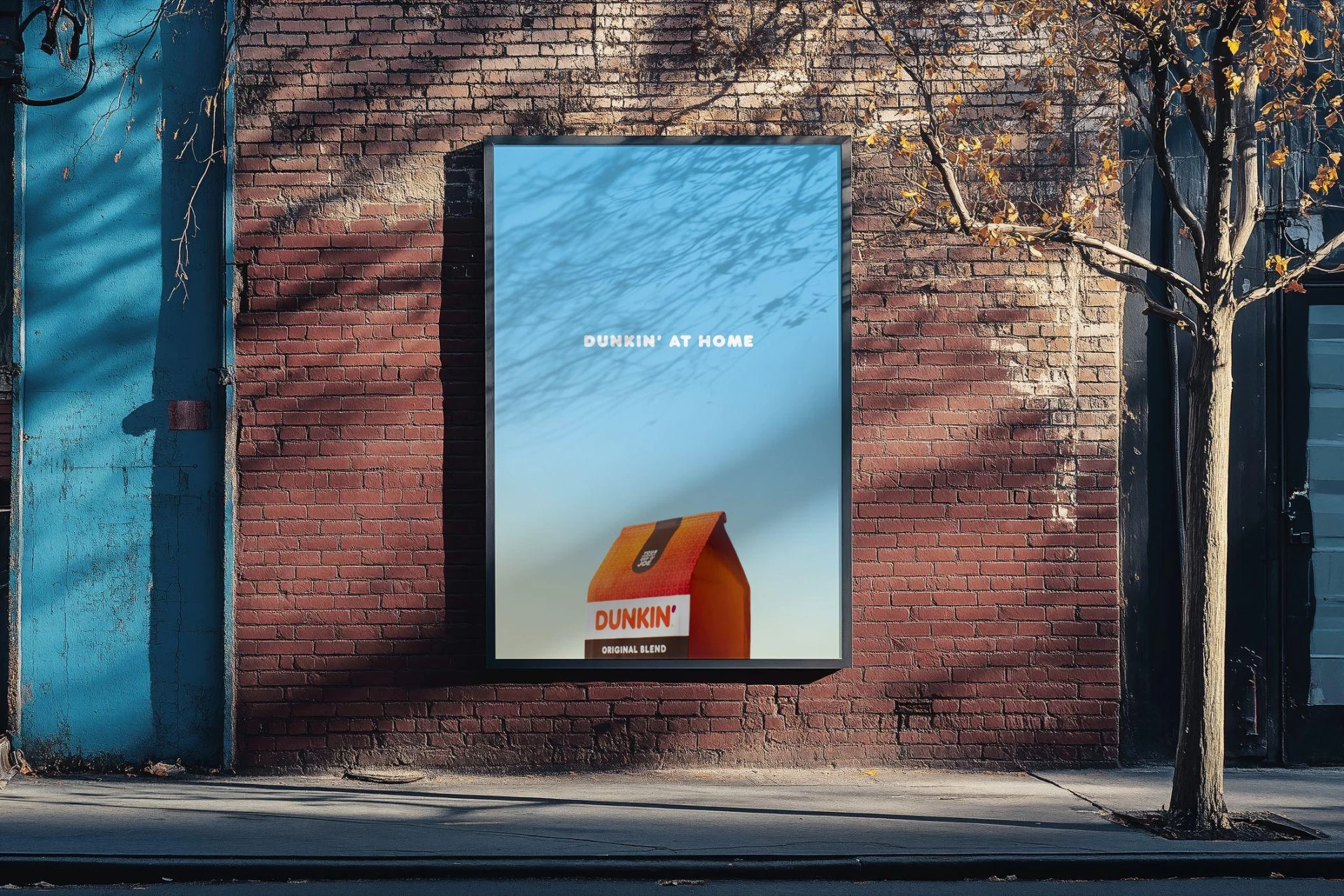 Dunkin' at Home campaign displayed in a vertical street poster