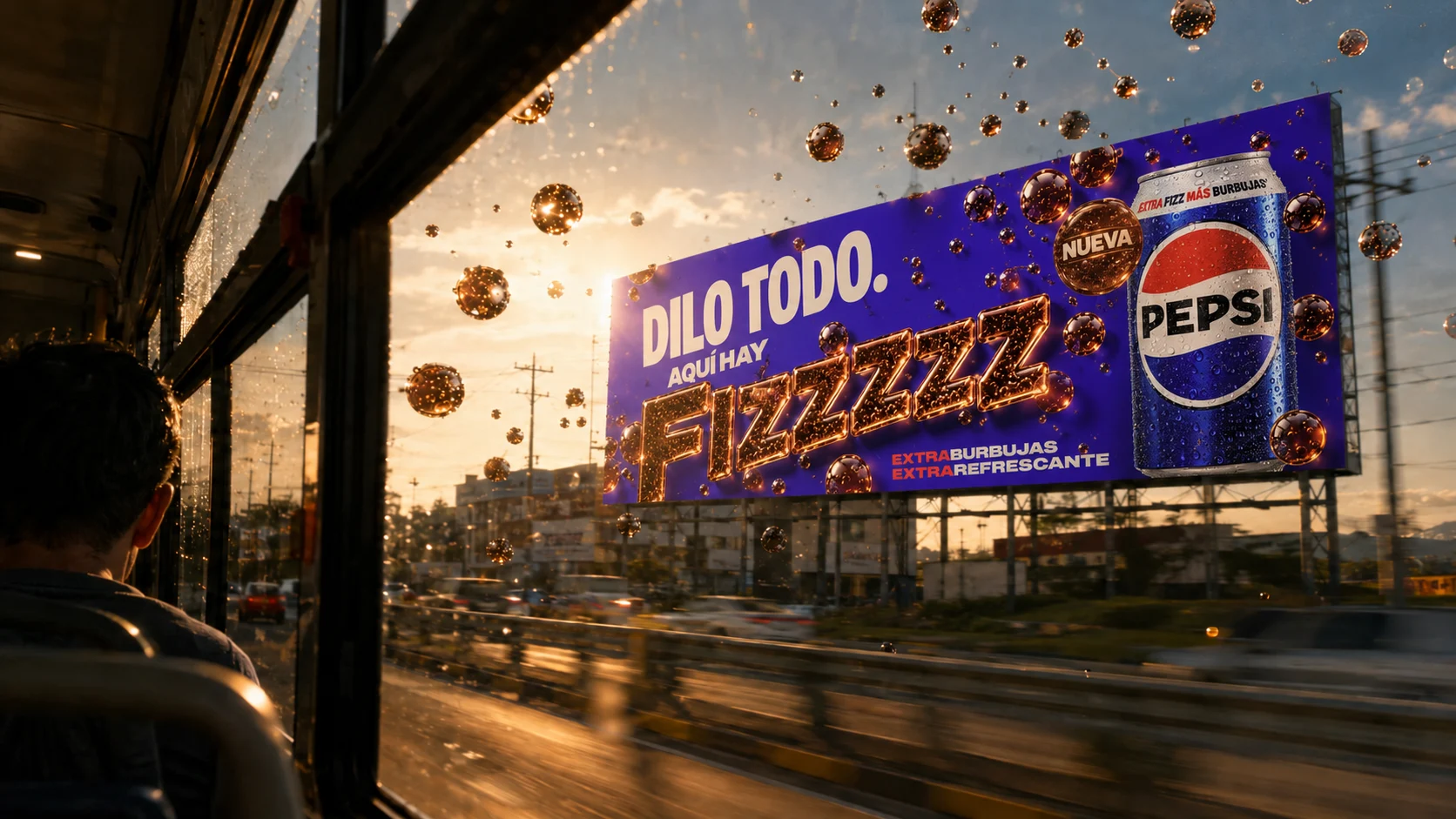 Pepsi Fizz billboard surrounded by golden bubbles at sunset