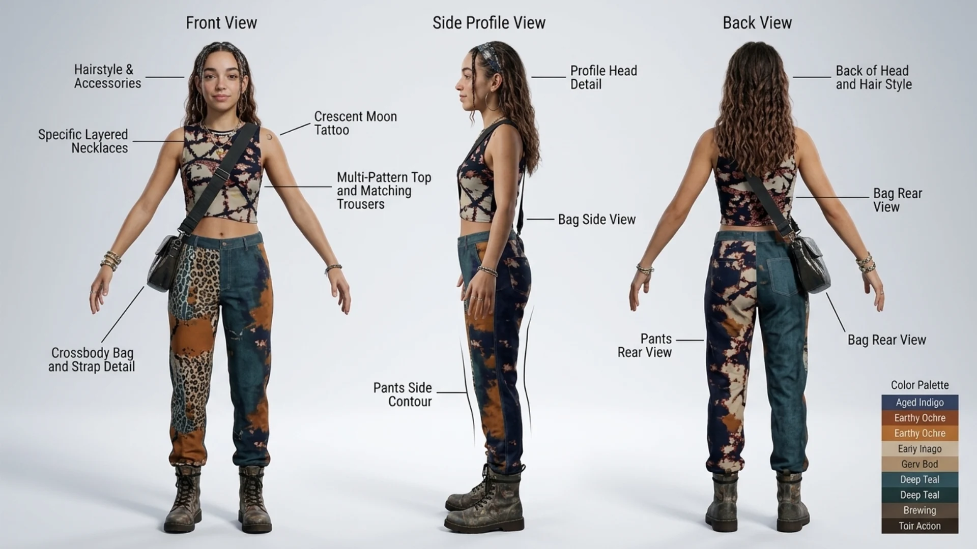 Character reference with front, side and back views and wardrobe details