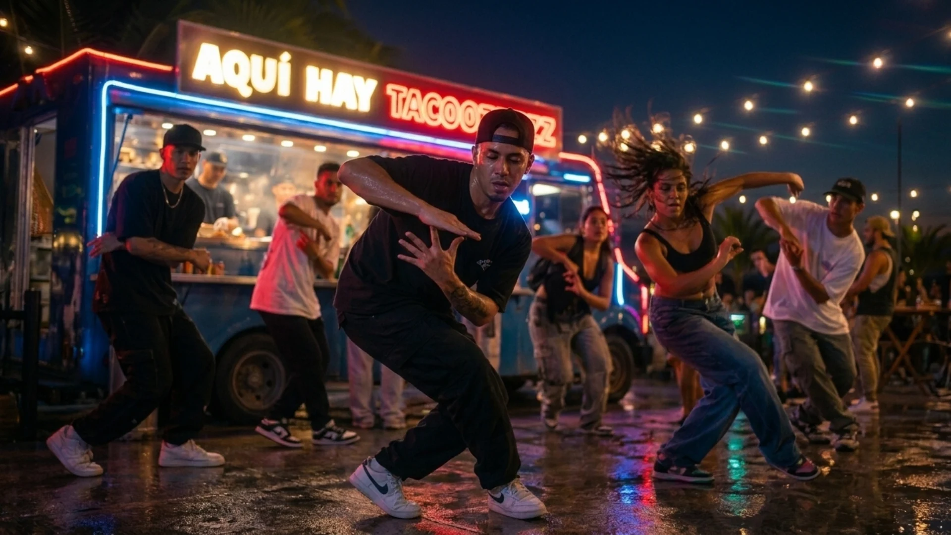 Dancers outside a neon-lit taco truck