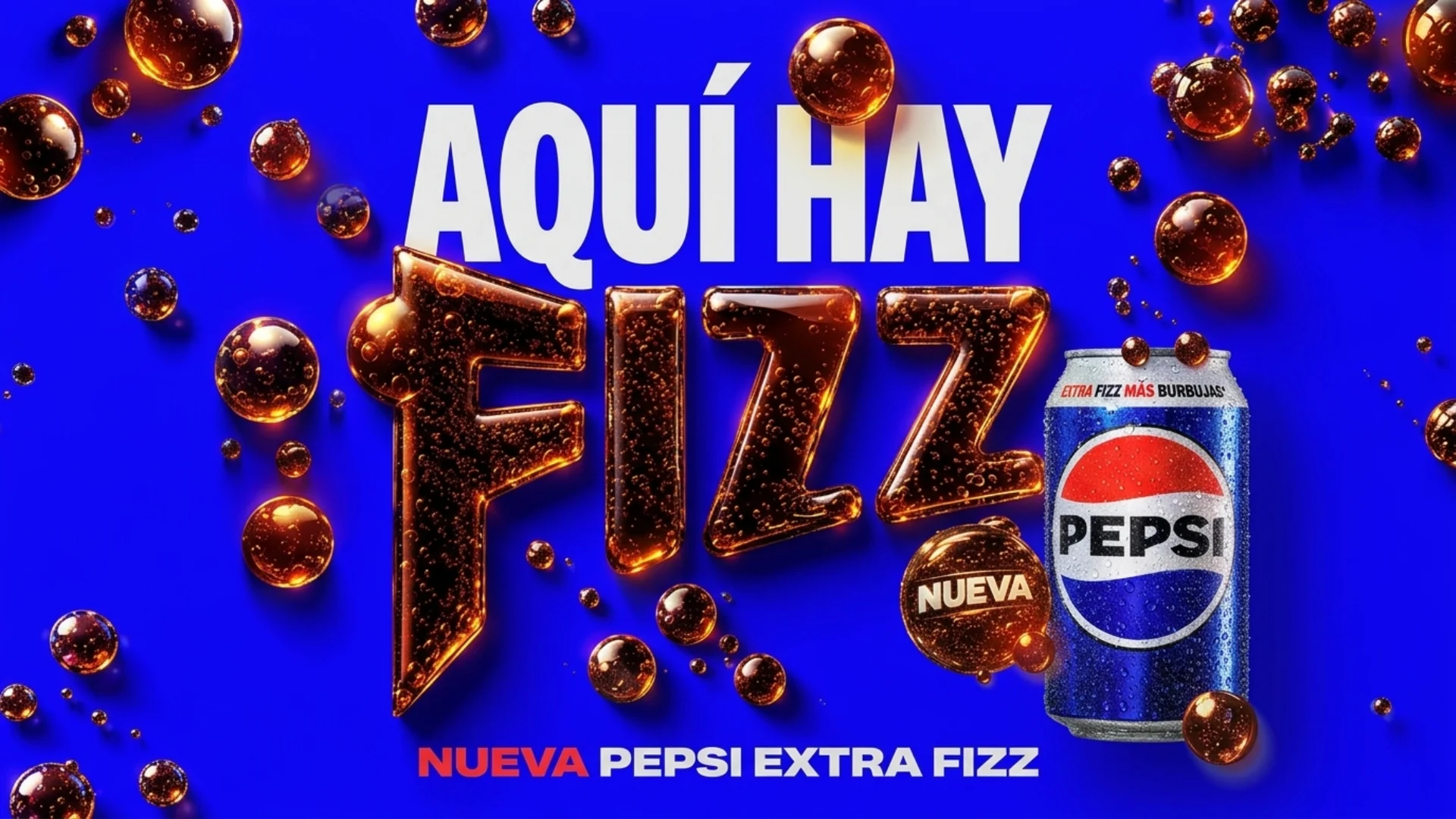 Pepsi Fizz pitch artwork with liquid lettering and bubbles against electric blue