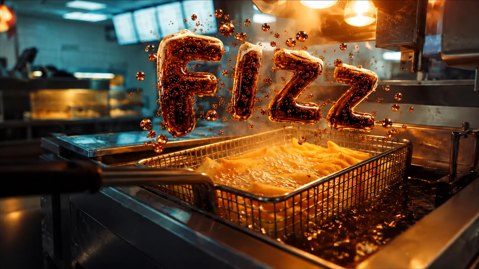 Cola-colored FIZZ lettering and bubbles above a fryer
