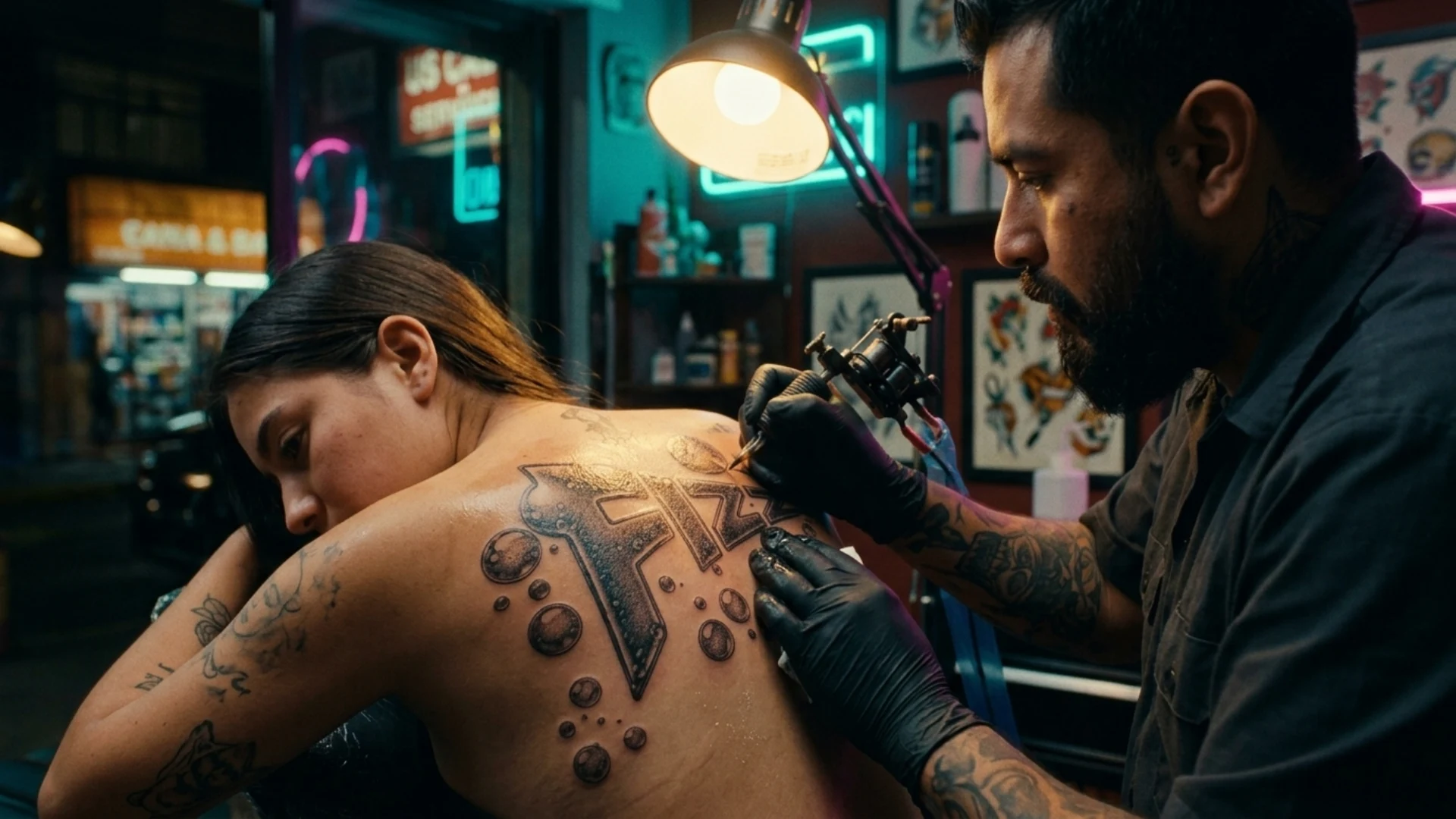 Tattoo artist creating FIZZ lettering in a neon-lit studio